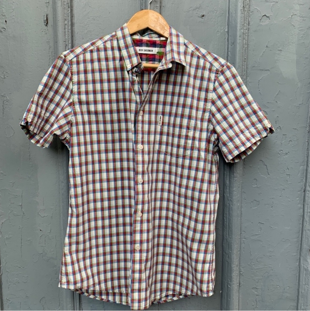 Ben Sherman short sleeve plaid check button down, size L